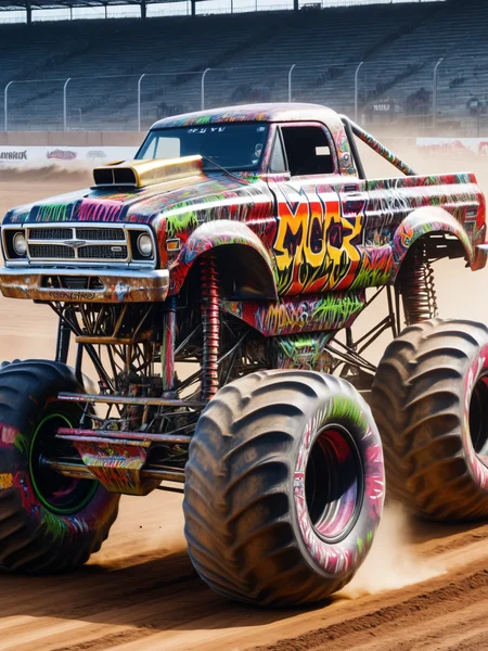 a ais-graffiti monster truck on a dirt track <lora:Graffiti_SDXL:1>