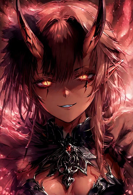(Masterpiece:1.3), (best quality:1.2), (detailed background:1.1), (intricate details:1.1), (detailed background:1.2), 1girl, solo focus, perfect anatomy, sexy, 2d style,
BREAK
(score_9, score_8_up, score_7_up), (Masterpiece), (expressive eyes), 1girl, 
Aka-Oni, oni, colored skin, red skin, straight horns, scars,
<lora:MGE_V5.0:1.2>
BREAK
revealing clothes, sexual pose, charming, revealing clothes,
 perfect body, tall,
dynamic angle, side shot, 
edgy and dramatic fashion photography,volumetric lighting, bloom, harsh lighting, muted colors,
looking down at the viewer, smirk, face scared, bloom,
BREAK
 smooth style,upper body,face focus,shaded face,particles, lighting,dynamic pose,back lighting,slit lighting,
cowboy shot, sword,
BREAK
perfecteyes,NegativeDynamics,,hkevil,