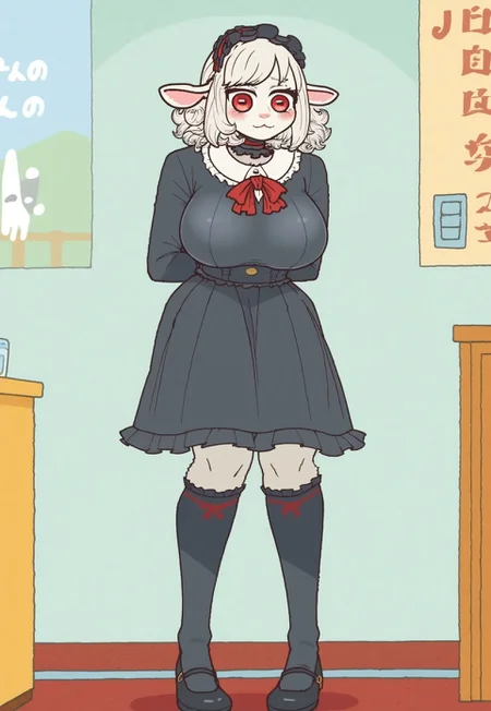 safe_pos, score_9, score_8_up, score_8. score_9, score_8_up, score_7_up, score_6_up, masterpiece, 4k, high quality, (best quality:1.1), ExpressiveH, 
BREAK
white hair, 1girl, :D, blushing, closed mouth, smile, cute, white hair, white fur, White shirt, red eyes, jewelry, animal ears, solo, plump female, thick thighs, (large breasts), maid headdress, collar, furry, medium hair, maid, black dress, choker, dress, maid headdress, dress, socks, long sleeves, medium hair, black footwear, black shoes, kneehighs, frills, wide hips, white hair, leaning forward, voluptuous body, dirndl, goat ears, huge breasts, furry female, goat girl, furry, bangs, wide hips, looking at viewer, arms behind back, narrow shoulders, ((fully body)), long legs 
 (Indoors, house background)