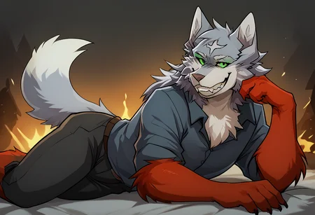 by maggotnizer, fel_ciawwmas, furry, solo, wolf, thighs, looking at viewer, seductive, teeth, smile, green eyes, <lora:Fel_Cooking_In_Another_World_With_My_Absurd_Skill:1>, <lora:Maggotnizer_style:1>, <lora:add-detail-xl:1>