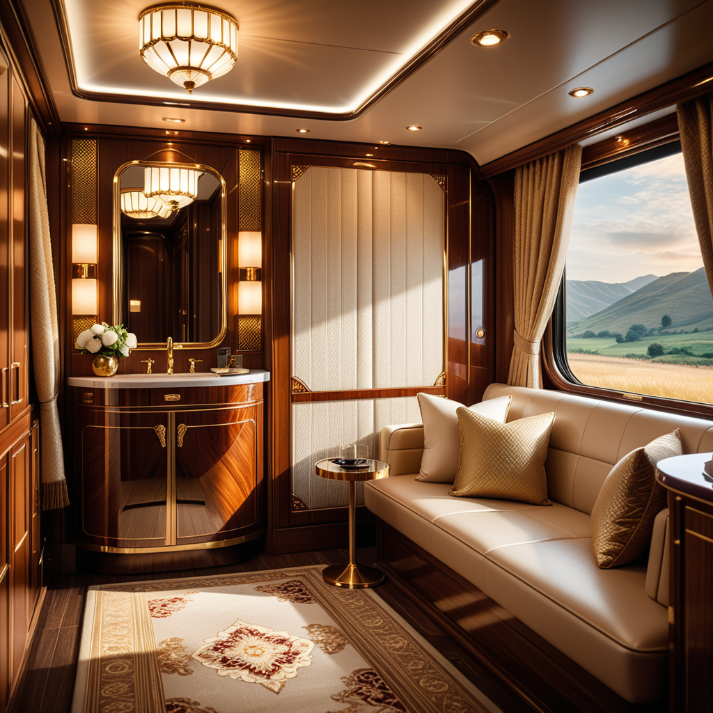 A cozy and luxurious private cabin in a premium train, designed for relaxation and comfort during long journeys. The cabin features rich wooden paneling with a glossy finish, creating a warm and inviting atmosphere. A plush seat upholstered in fine leather or velvet sits by a large window, with soft, golden light streaming in through partially drawn curtains made of heavy, textured fabric.
a vintage lamp with a brass base and a frosted glass shade, casting a soft glow. Above the seating area, a compact storage compartment holds a neatly folded blanket and a small travel bag.
The walls are adorned with subtle art deco patterns and a built-in mirror framed in polished metal. The floor is covered in a luxurious carpet with intricate designs in muted colors. Modern amenities, such as USB charging ports and a control panel for adjusting lighting and temperature, are discreetly integrated. The scene conveys a blend of timeless elegance and modern convenience, perfect for a high-end travel experience.
<lora:SDXLFaeTastic2400:0.4> <lora:extremely_detailed:0.4> extremely detailed, Masterpiece,best quality,hi res,8k,hi res,8k,award winning,(sharp focus, intricate, highly detailed),
