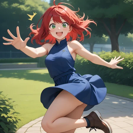 (surprised), happy face, jumping, blue dress, (perfecr fingers anatomy), sitting in a park, (rehead medium hair), red hear green eyes, big brest 1:3, medium ass, score_9, score_8_up, score_7_up, source_anime, (front view), ((1 girl)), 25 years old, (rehead long hair), red hear green eyes, big brest 1:3, medium ass,