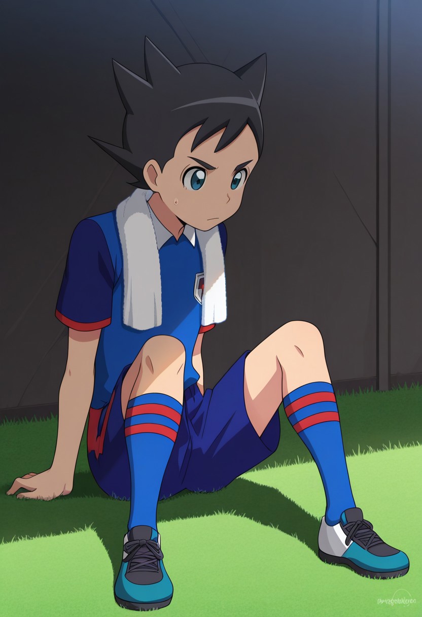 masterpiece,best quality,amazing quality, source_anime,
InamoriAsuto, 1boy, male focus, solo, green eyes, black hair, spiked hair, orion soccer uniform, shirt, blue shirt, raglan sleeves, short sleeves, shorts, blue shorts, socks, blue socks, shoes, sneakers, outdoor, sitting, on grass, towel around neck, sweat,