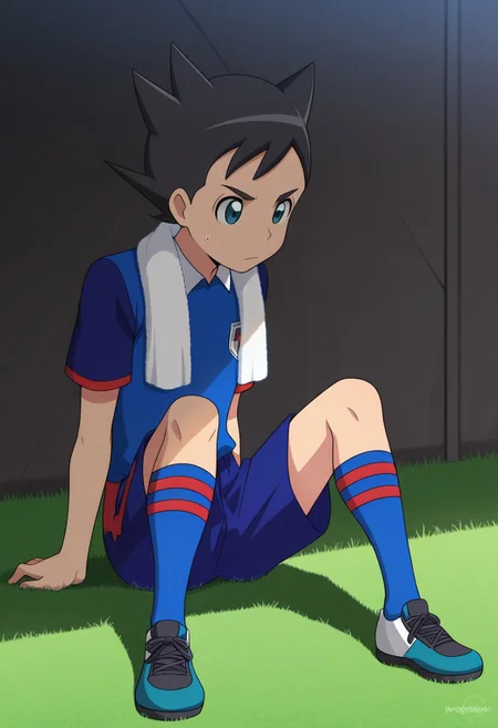 masterpiece,best quality,amazing quality, source_anime,
InamoriAsuto, 1boy, male focus, solo, green eyes, black hair, spiked hair, orion soccer uniform, shirt, blue shirt, raglan sleeves, short sleeves, shorts, blue shorts, socks, blue socks, shoes, sneakers, outdoor, sitting, on grass, towel around neck, sweat,