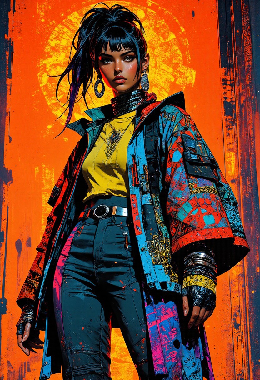 A hyper-realistic illustration of a Caucasian woman with long hair styled in a high ponytail with bangs, dyed in gradient shades of iridescent blue with violet and streaks of glowing green highlights. She wears a futuristic street-inspired oversized coat with swirling holographic patterns blending intricate beadwork motifs in glowing neon hues of yellow, pink, and red, layered over slim-fit high-waisted pants embroidered with geometric designs in electric blue. Platinum earrings shaped like crescent moons complement her look, while a radiant headpiece of intertwining golden vines and sapphire-encrusted accents crowns her head. The background is a vivid neon orange, contrasting the cool tones of her outfit, with ancient glowing runes shifting in multicolored patterns arranged in a poster-like effect. Captured with a Canon EOS R3, 24 MP, paired with an RF 50mm f/1.2L USM lens for ultra-high-definition details, styled with a fusion of cultural traditions and avant-garde futurism.