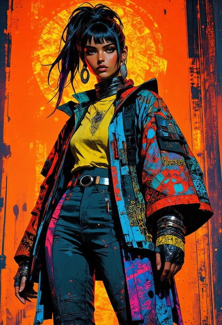 A hyper-realistic illustration of a Caucasian woman with long hair styled in a high ponytail with bangs, dyed in gradient shades of iridescent blue with violet and streaks of glowing green highlights. She wears a futuristic street-inspired oversized coat with swirling holographic patterns blending intricate beadwork motifs in glowing neon hues of yellow, pink, and red, layered over slim-fit high-waisted pants embroidered with geometric designs in electric blue. Platinum earrings shaped like crescent moons complement her look, while a radiant headpiece of intertwining golden vines and sapphire-encrusted accents crowns her head. The background is a vivid neon orange, contrasting the cool tones of her outfit, with ancient glowing runes shifting in multicolored patterns arranged in a poster-like effect. Captured with a Canon EOS R3, 24 MP, paired with an RF 50mm f/1.2L USM lens for ultra-high-definition details, styled with a fusion of cultural traditions and avant-garde futurism.