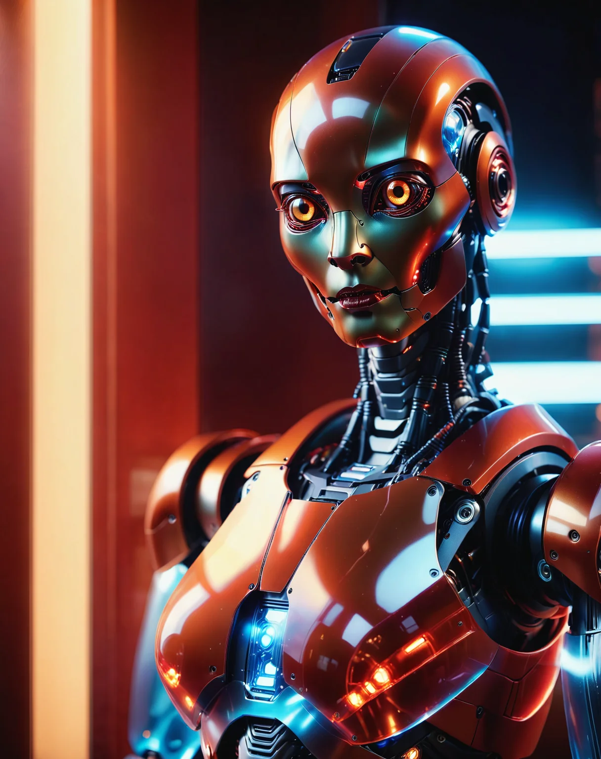 (((solo, realism film scene still , (mature woman humanoid robot:1.3) , sudanese, looking at viewer, glowing , cyberpunk, light hologram:1.3, translucent, (glowing red hologram eyes:1.1)
<lora:TechMaker_v1-e6:1>, absurdres, detailed, macro details, 8k, hyper realistic, texture surface details))) !, highly.detailed, key.visual, by, form, warm red blue theme,
