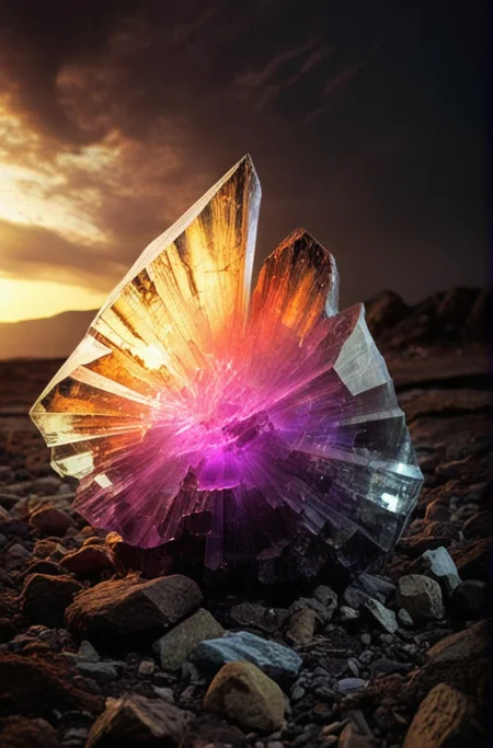 (Introduce quality iteratively))((large glowing transparent natural mineral, mystic light inside, sunbeam,  sunset, lightnings, dramatic lighting))(evocative depth of field)(grounded sharpness)(abyss black point)(art of genius)(earthly gradients)(earthy colorful saturated hues))(earth corners vignette))
<lora:LCM-LoRA-XL_V1:0.21>
<lora:SDXLHighDetail_v5:0.3>