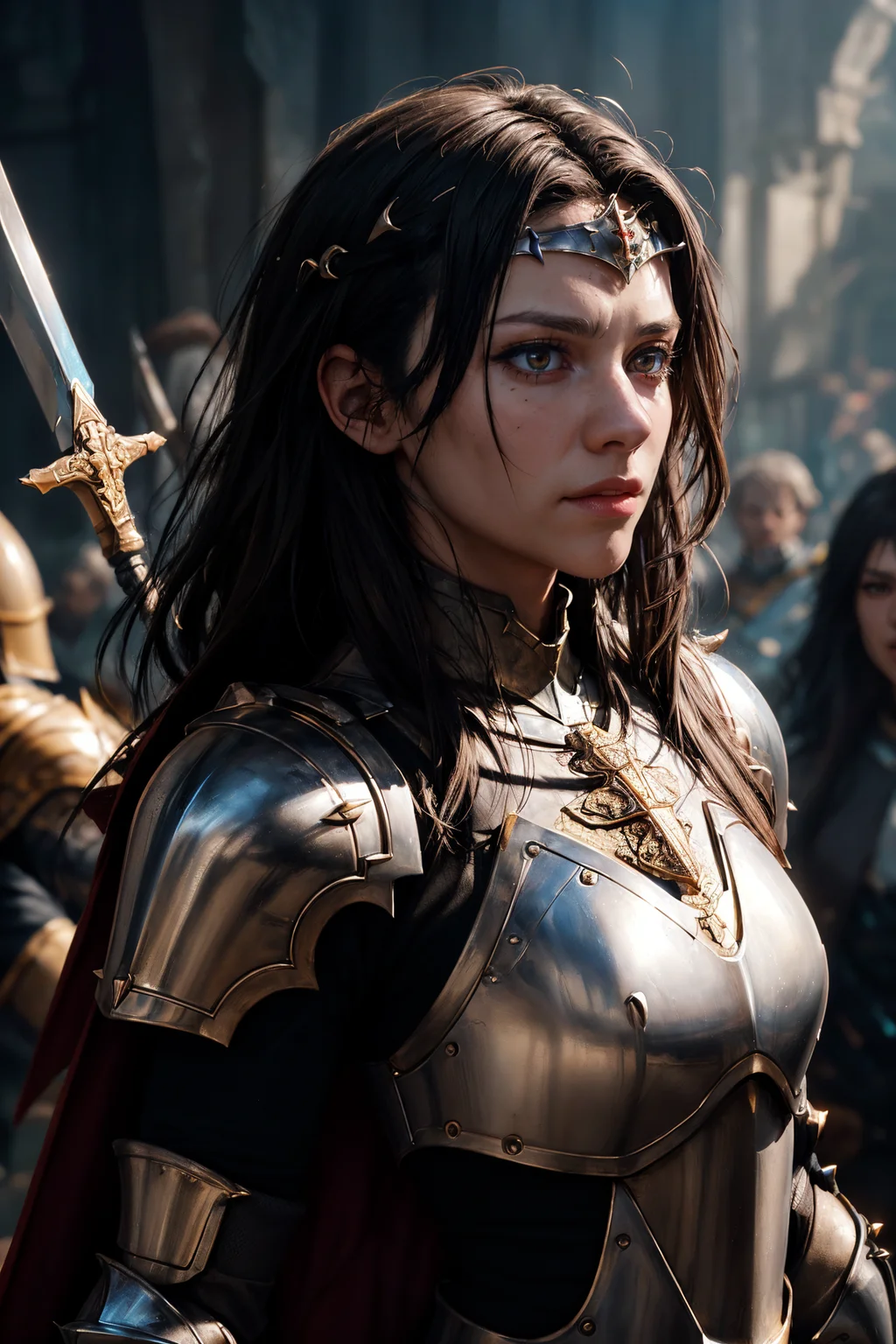 a portrait of a female paladin adorned in holy armor, spiked armor,  standing, intricate background, fantasy, lifelike, looking away, 
masterpiece, best quality, intricate detail, high background detail, high contrast,   <lora:emotion_angry_slider_v1:1> raytracing,  <lora:backlight_slider_v10:-1> <lora:contrast_slider_v10:2>,  <lora:skin_slider_v10:0.5>
