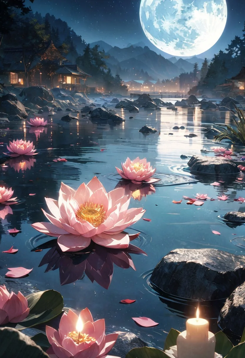 cinematic, (masterpiece), (best quality), (ultra-detailed), very aesthetic, illustration, perfect composition, intricate details, absurdres, (anime, masterpiece, intricate:1.3), (best quality, hires textures, high detail:1.2), (4k),(incredibly detailed:1.4)
hot spring, mist, rocks, Peony, glittery mist, moonlight, sky, lots of stars in the sky, water reflections of the night sky, lotus floating on water with candle, flower petals in the water, moon in the sky, Anime art style, <lora:more_details:0.5>