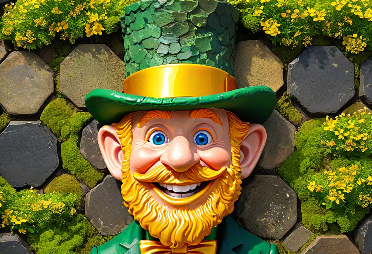 Giant's Causeway, golden pot of gold, child-sized leprechaun, hexagonal basalt columns, mischievous grin, oversized green top hat, sunlight glinting off gold coins, whimsical illustration, hyperdetailed, lush green moss, colorful wildflowers