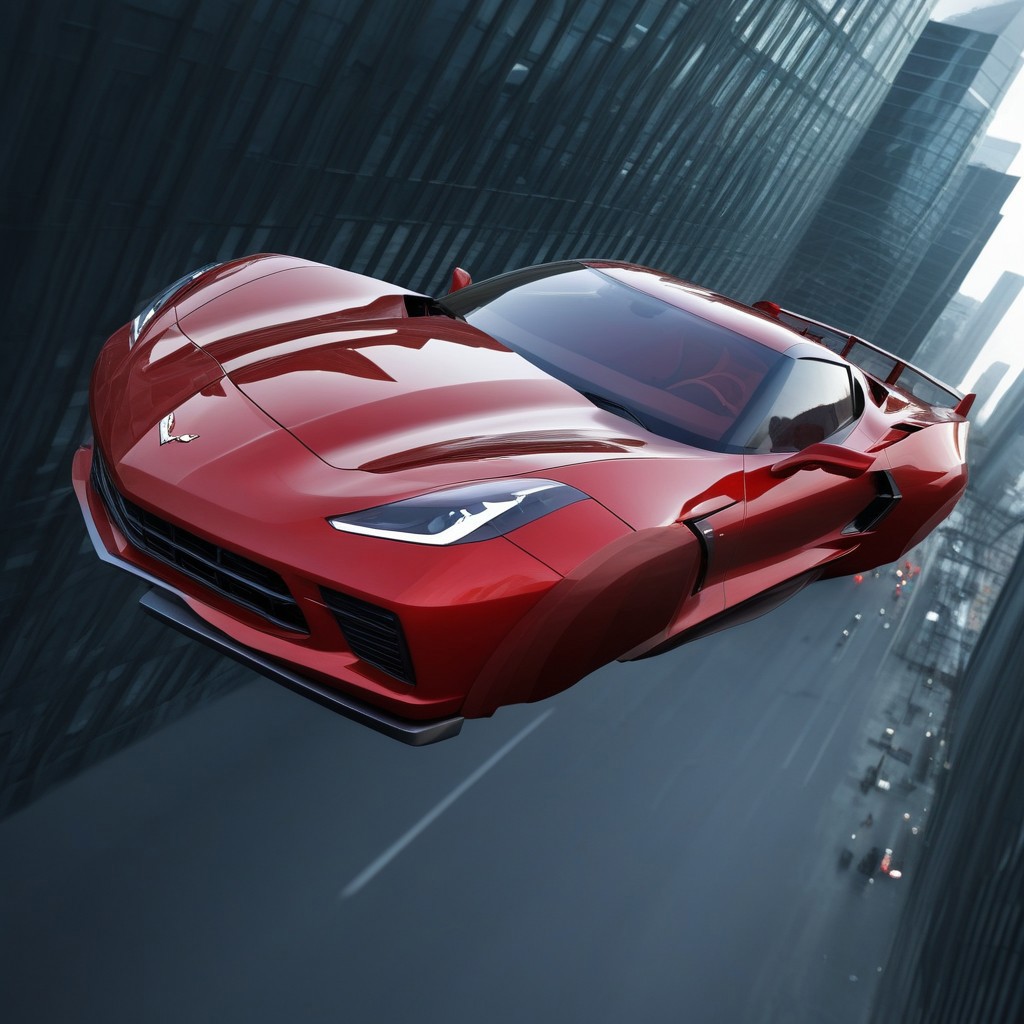 photo of red hover (2010's Chevrolet Corvette (C8) sports car), nowheels, science fiction, scifi, futuristic, futuristic city,  flying, soaring,