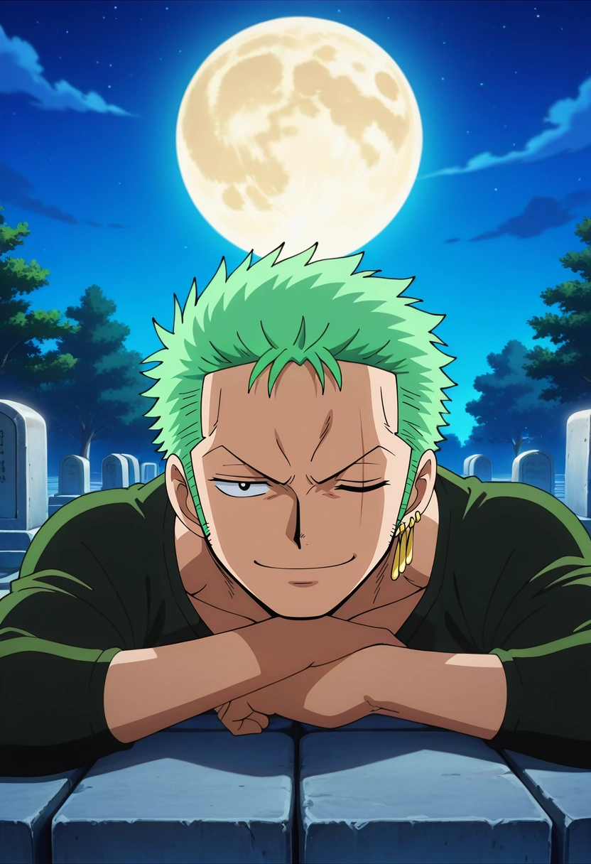 masterpiece, best quality, , anime screencap, anime coloring, , looking at viewer, 1boy, solo, male focus, <lora:zoro_roronoa_ilxl:0.96>, zoro_roronoa, green hair, black eyes, short hair, post timeskip, scar across eye, one eye closed, sideburns, earrings, , straight-on, cemetery, night, full moon, lying, on stomach, half-closed eyes, smile, carnival costume