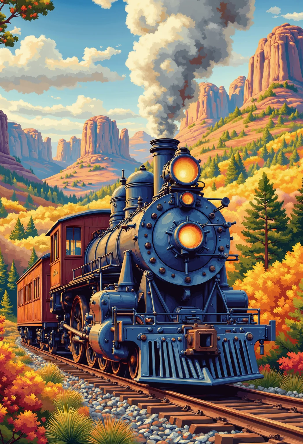 train with steam engine, southwestern US