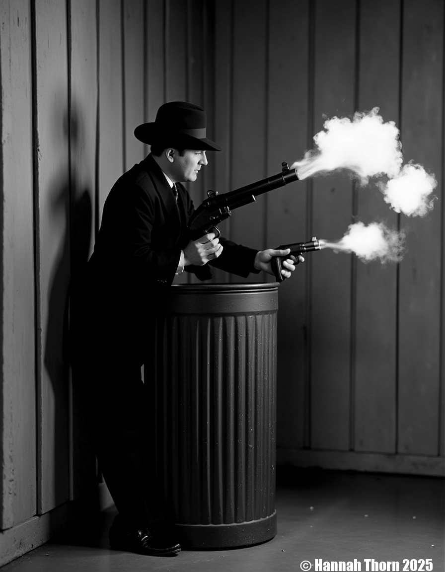 A gangster in a 1930s film fires his gun hiding behind a garbage can<lora:_Flux\_Film-Retro\Pre-Code_Hollywood-concept_2.safetensors:1.0:1.0>