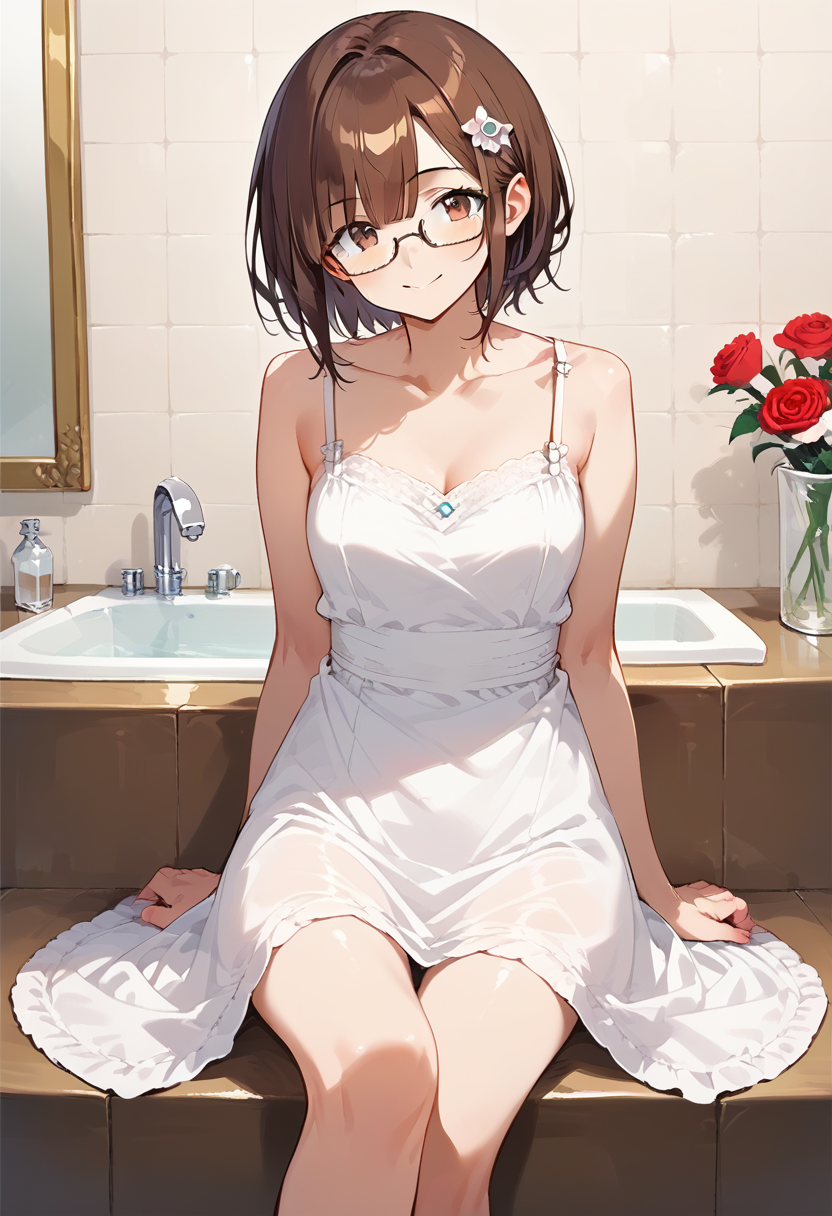 score_9, score_8_up, score_7_up, rating_safe, masterpiece, best quality, absurdres, unity 8k wallpaper, official art, official style, source_anime, game cg, megami magazine,glasses,
soapland, 1girl, solo, brown hair, flower, short hair, sitting, rose, smile, crossed legs, dress, brown eyes, tiles, indoors, looking at viewer, sink, white dress, tile wall
<lora:soapland_PONY_V2:0.6>