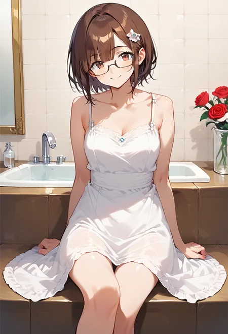 score_9, score_8_up, score_7_up, rating_safe, masterpiece, best quality, absurdres, unity 8k wallpaper, official art, official style, source_anime, game cg, megami magazine,glasses,
soapland, 1girl, solo, brown hair, flower, short hair, sitting, rose, smile, crossed legs, dress, brown eyes, tiles, indoors, looking at viewer, sink, white dress, tile wall
<lora:soapland_PONY_V2:0.6>