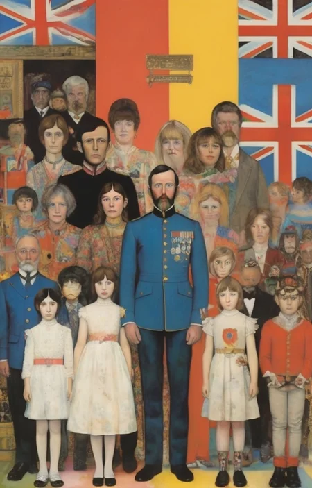 masterpiece,best quality,<lora:tbh284-sdxl:0.9>,illustration,style of Peter Blake portrait of family