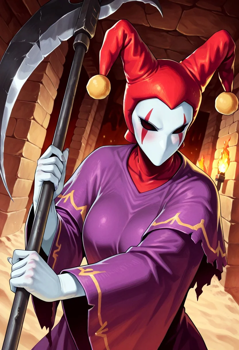 score_9,score_8,score_7,source_furry, (masterpiece, best quality, high quality:1.2), detailed hands,character focus, detailed skins, body blush, cinematic shadow, character focus, ultra detailed background,
dutch angle,
<solo:1.5>, <1girl:1.5>, (anime:3.5), (official:3.5), (dynamic pose:1.8), upper body,
chariotsaga, 1girl, solo, girl focus, medium breast, spread arms,
jester, red headwear, looking at viewer, white skin, jester cap, pom pom (clothes), (faceless mask:1.2), facepaint, hat, robe, purple robe, torn robes, long sleeves, wide sleeves, light gray color nails, holding, scythe, weapon, holding scythe, holding weapon,
ancient ruin background, indoor, dark orange stone wide rooms, torch wall, darkness, sand, desert,