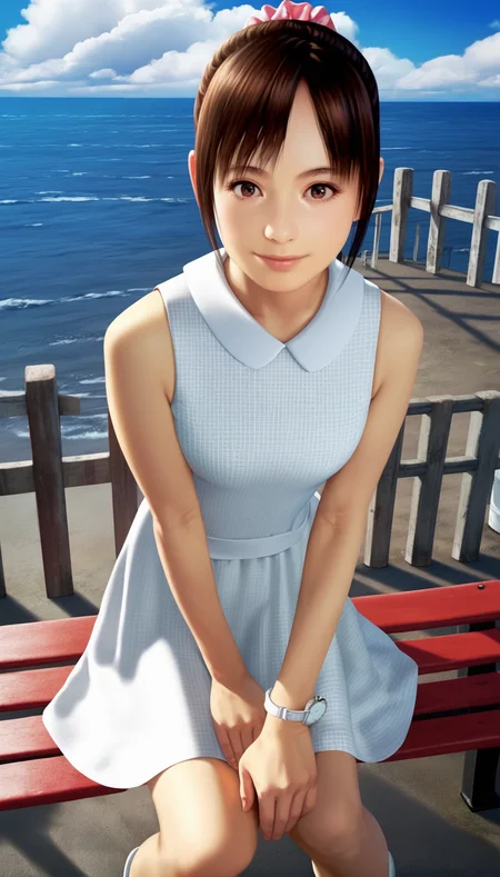 score_9,score_8_up,score_7_up,<lora:MiiyamotoHikari>,
miiyamotohikari,
highres,bloom,Volumetric Lighting,photorealism,
1girl,solo,black hair,bangs,pink scrunchie,brown eyes,looking at viewer,smile,sleeveless white dress,knee length dress,white collar,white wristwatch,white flat shoes,sitting,bench,leaning forward,(face focus:1.1),from above,
blurry background,vignetting,outdoors,clear sky,ocean,cloud,sea fence,summer,