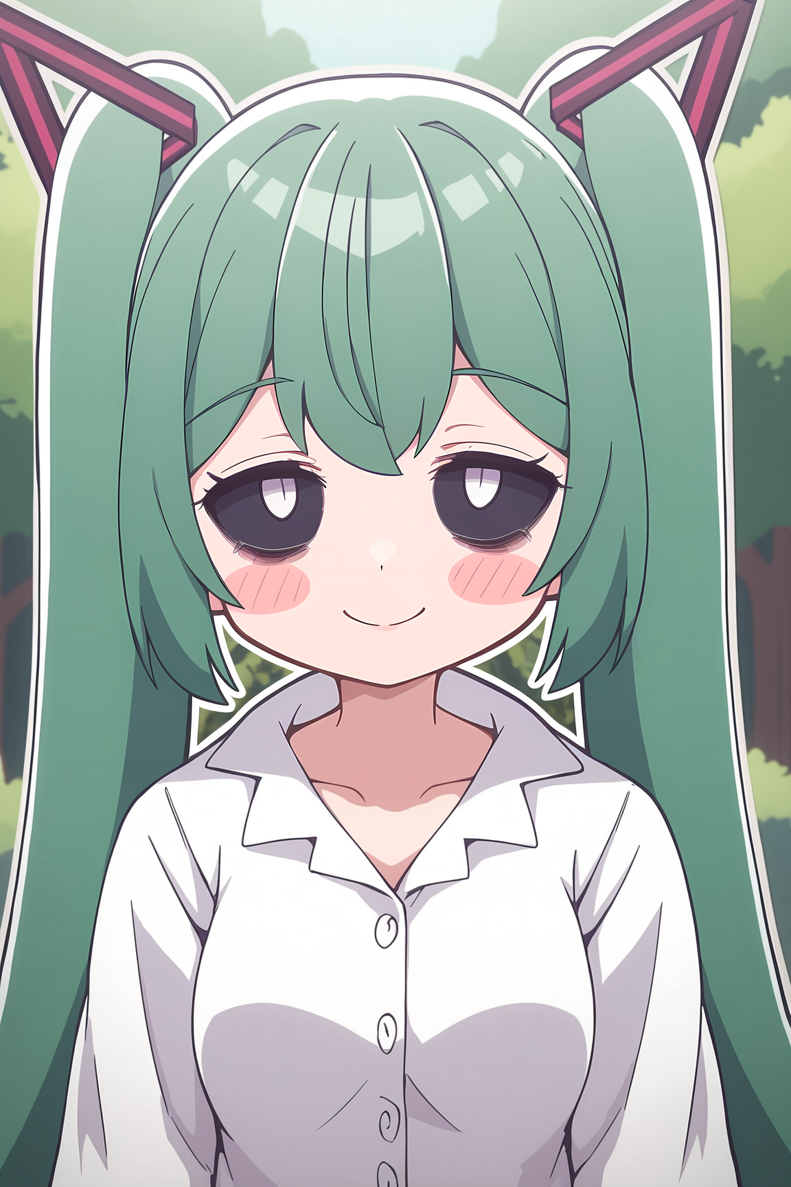 score_9, score_8_up, score_7_up, score_6_up, BREAK, MimukauwaNTPXL, black sclera, white eyes, bags under eyes, green hair, long hair, bangs, twintails, hair onrmanet, blush stickers, medium breasts, white shirt, long shirt, long sleeeves, solo, front view, (portrait, upper body), solo focus, seductive smile, looking at viewer, forest, tree <lora:MimukauwaNTPXL:0.8>