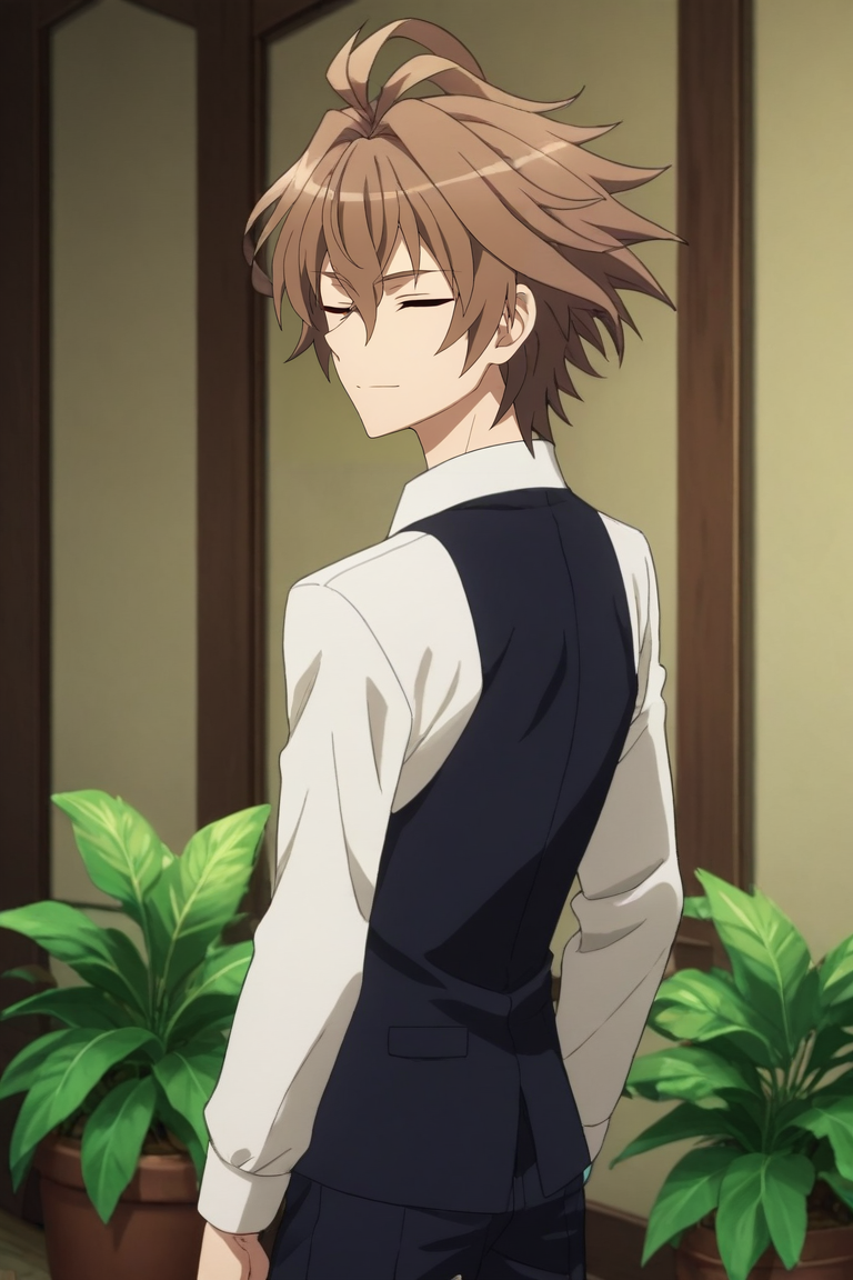 score_9, score_8_up, score_7_up, source_anime, rating_safe, , anime screencap, , , , , 1boy, solo, male focus, <lora:sieg_fate_apocrypha_pony:0.82>, sieg_fate_apocrypha, brown hair, red eyes, short hair, hair between eyes, bangs, ahoge, cowboy shot, energy plant, indoors, looking back, (closed eyes:1.2), smile, , <lora:sdxl_lightning_8step_lora:1>