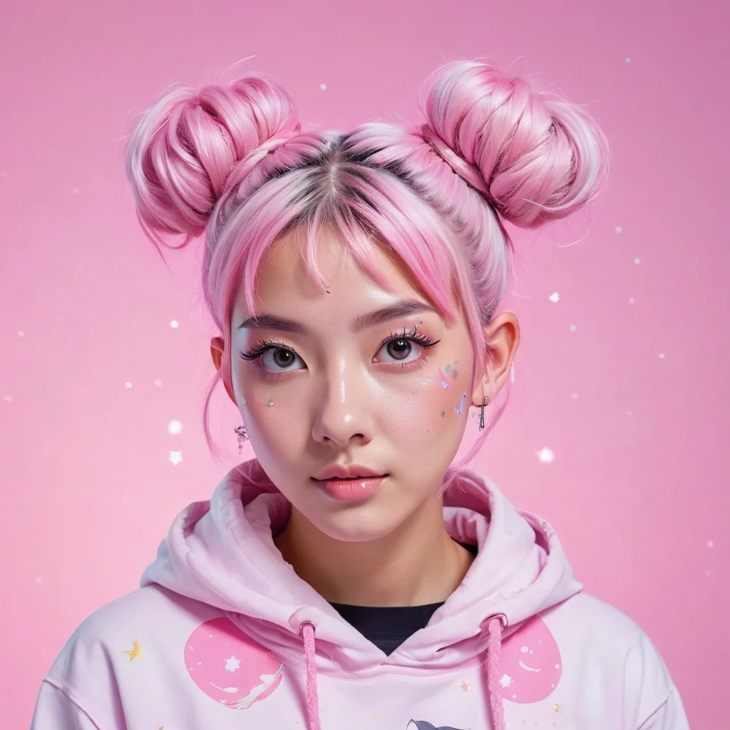 A headshot photo of a female model with pastel pink hair styled in twin buns, wearing a galaxy-print hoodie. Outer space background with stars and planets visible.