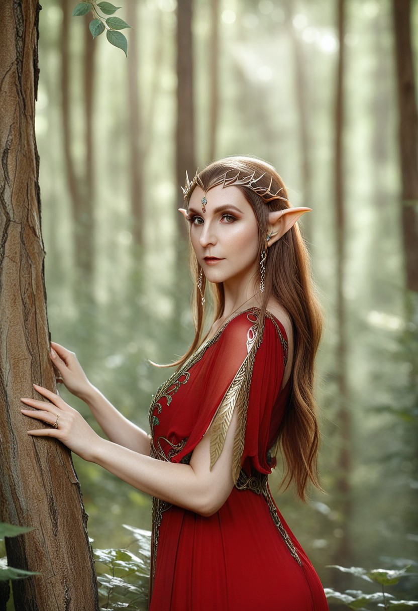 depth of field, fantasy photoshoot, photo, professional photoshoot,
1girl, elf, pointy ears, themes of red and gold,
long hair, dress, jewelry, brown hair,
summer forest, branches in foreground, blurry foreground, trees in background,
realistic, blurry