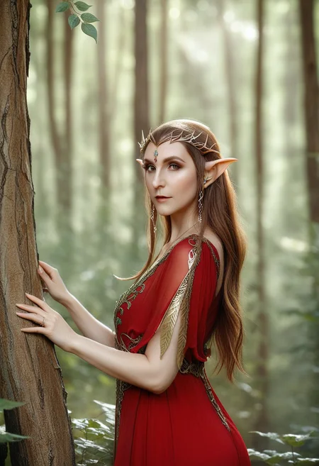 depth of field, fantasy photoshoot, photo, professional photoshoot,
1girl, elf, pointy ears, themes of red and gold,
long hair, dress, jewelry, brown hair,
summer forest, branches in foreground, blurry foreground, trees in background,
realistic, blurry