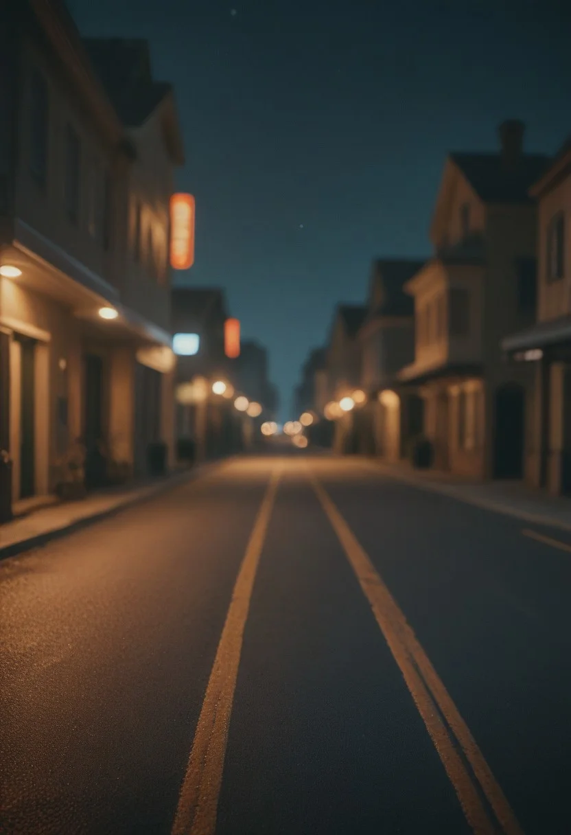 Score_PnyReal C4M3R403, no humans, night, scenery, outdoors, road, lamppost, street, building, dark, light, blurry, grainy, film photography