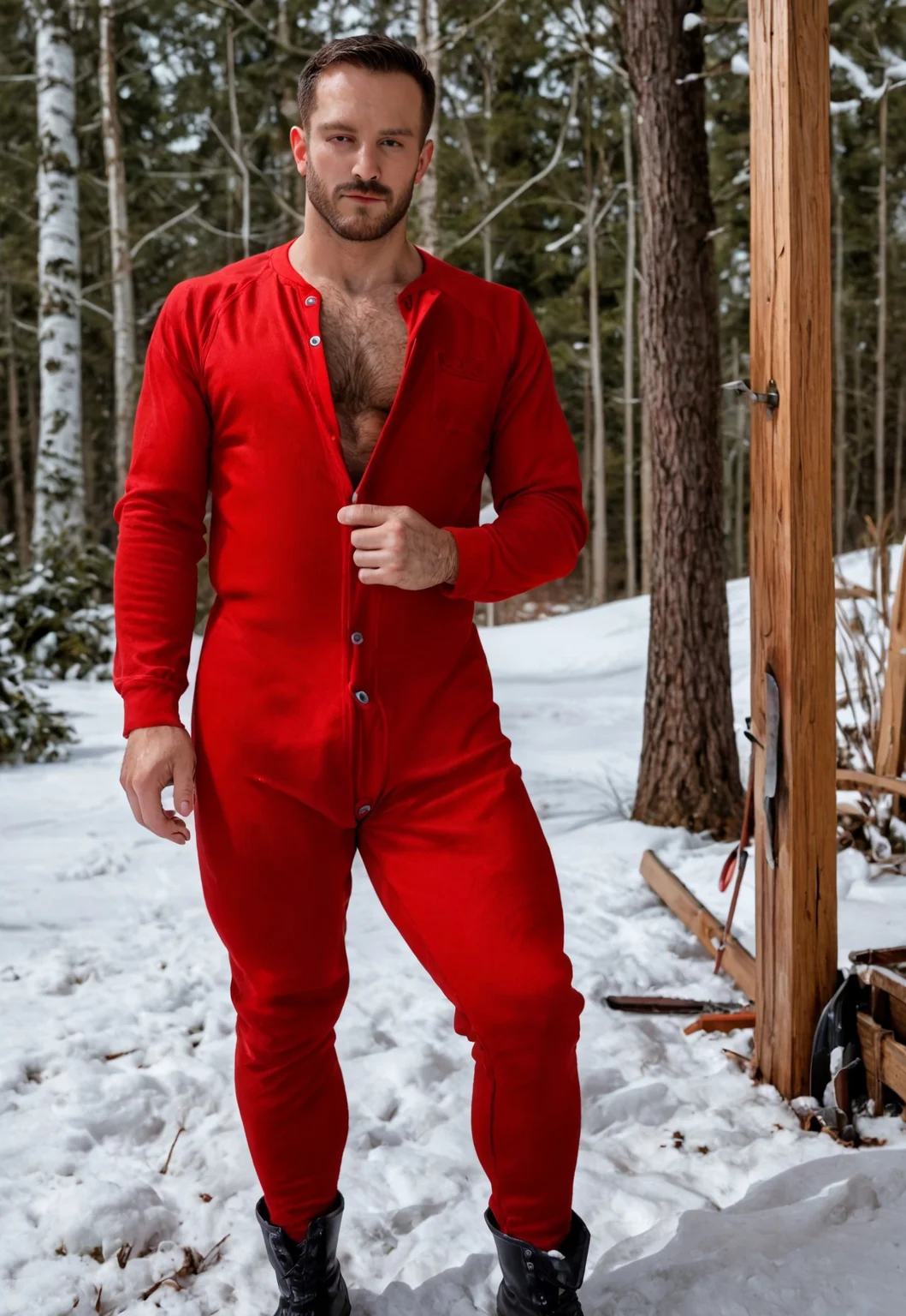 score_9, score_8_up, score_8, 1boy, male focus, solo, beard, short hair, chest hair, partially unbuttoned, realistic, pectoral cleavage, hairy, pectorals, long sleeves, red union suit, smirk, cabin, outdoors, winter, looking ahead, black boots, chopping wood,