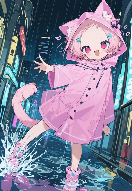 amazing quality, high resolution, high detail, newest, cute details, absurdres, hires, chromatic abberation, 1girl, solo, :D, having fun, delighted expression, smug, short hair, pink hair, cat girl, cat ears, ear fluff, cat tail, hooded jacket, raincoat, hood_up, face focus, kicking, kicking a rain puddle, playing in the rain, splashing water, hair ornament, forehead , rain, <lora:NanmoKaken>, full body, city, detailed background