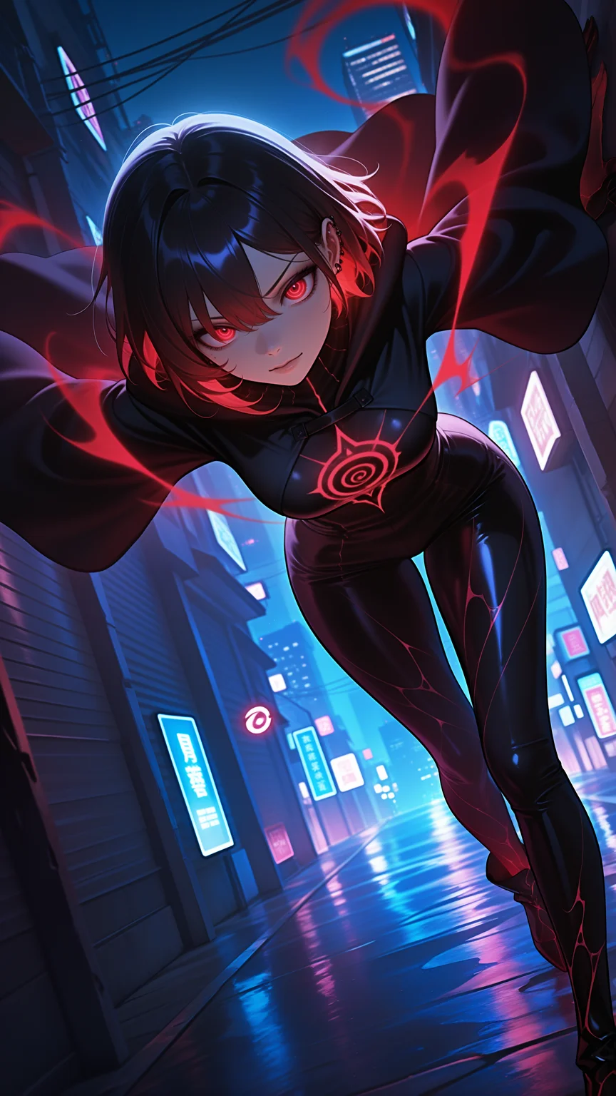 masterpiece, best quality, amazing quality, very aesthetic, absurdres, newest, scenery, 1girl, solo, realistic, cinematic lighting, glowing, volumetric lighting, detailed background, beautiful girl, black_mage, ethereal eyes, corruption aesthetic, wearing mages robes, sadistic expression, piercings, evil magic, (corrupted city), (night), dutch angle, glowing evil, corrupted magical energies, tormenting people, dutch angle, dynamic-shot, very detailed eyes, perfect eyes, symmetrical eyes, masterpiece, best quality, amazing quality, very aesthetic, absurdres, newest, scenery