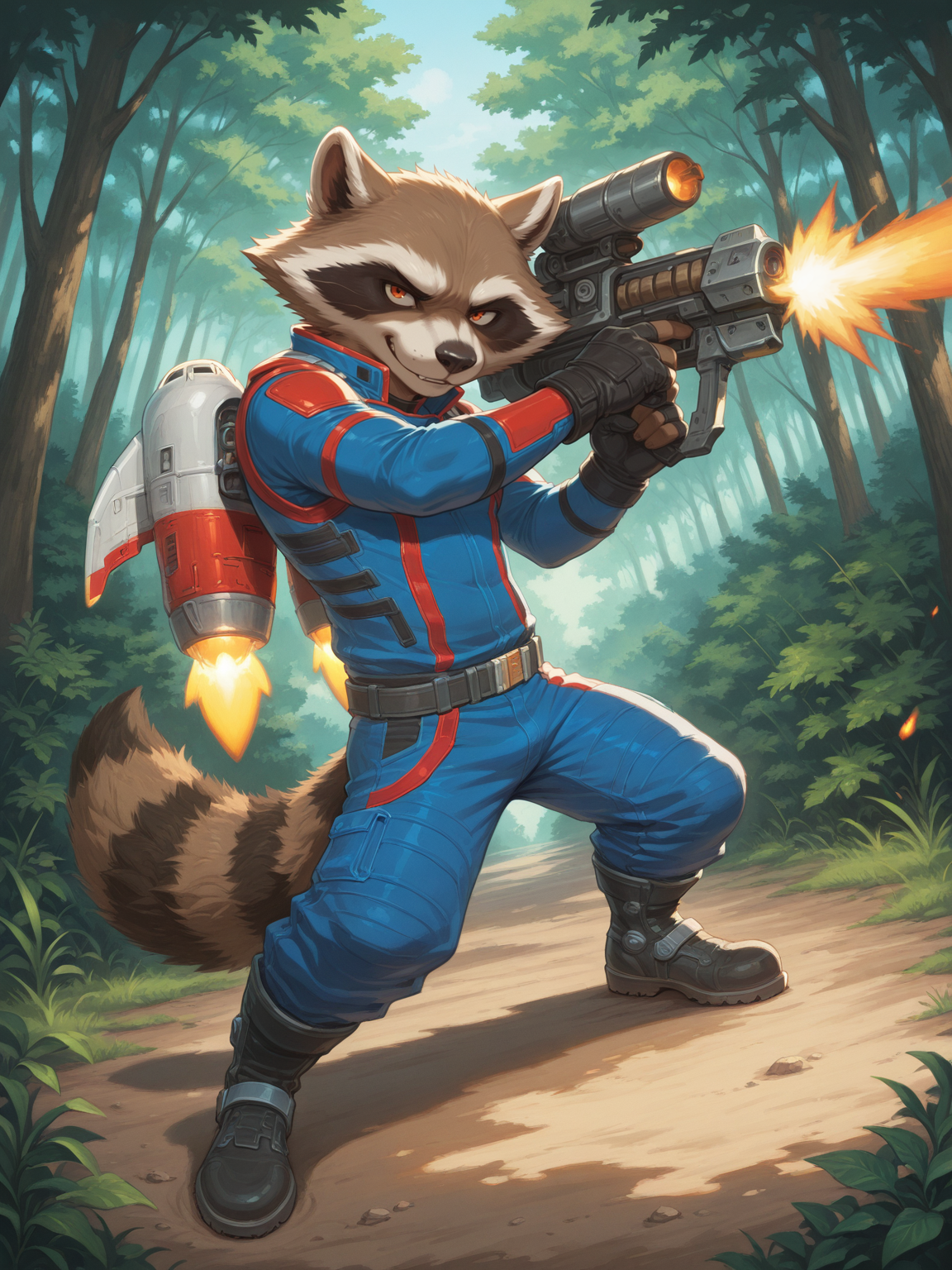 <lora:RocketRaccoon-GOTG-illustriousXL-000014:0.8>,rocket raccoon,furry,1boy,solo,bara,red eyes,combat uniform,gloves,belt,pants,boots,jetpack,firing,fighting,holding gun,nature,looking_at_viewer,full body,digital painting,artwork,anime style,masterpiece,best quality,amazing quality,