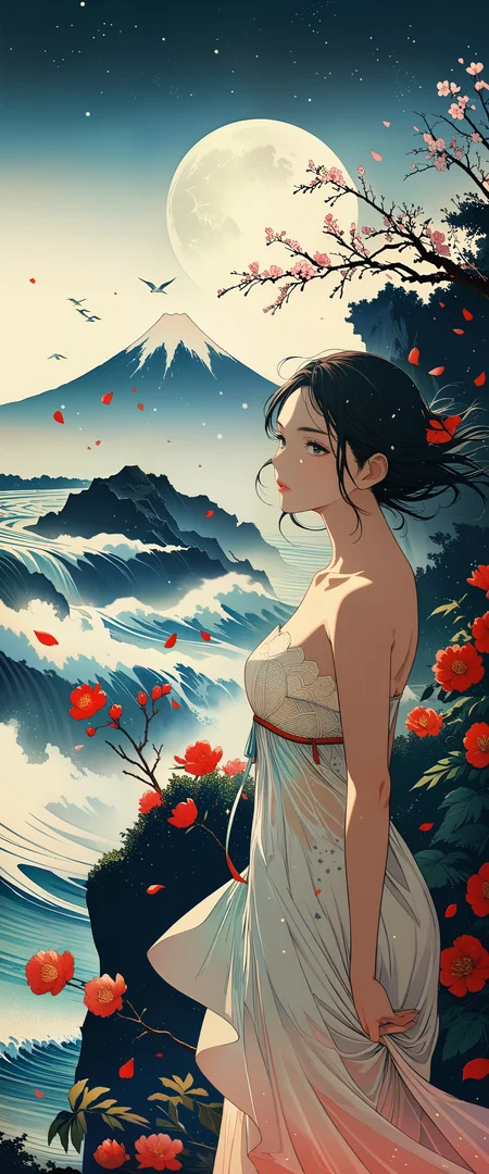 masterpiece, best quality, very aesthetic, absurdres, Professional Fashion concept, Ukiyo-e art styles, woodcuts style, by GoyÅ Hashiguchi and Yoji Enokido and Victo Ngai,  KHsty-XL, <lora:KHsty-XL-v3-AN:0.5>, 
break
1girl, supermodel, aged up, mature, detailed beautiful face, lips, embarrassed, Japanese beauties, chic and modern one-piece with a scoop neck, mesh paneling, and a crisscross back,, strapless, off shoulder, bare shoulders, collarbone, looking away, elegant pose, dynamic angle, perfect composition, perspective, 
break
dark scenery, storm, wind, rain, mist, ocean, huge waves, waterfall, cloud, flowers, plum blossoms, peony, floral, birds, cherry petals flying in the air, leaf, plant, tree, lush green rice paddies, moon, moonlight, cliff, wind effects, mount fuji, galaxy, starry sky, nebula, shooting star, milky way, The Beauty of Nature, The Aesthetics of Nature, Zen-tangle,
break
cinematic, highly detailed, extremely detailed, intricate details, fine texture, crisp detail, crisp edges, muted minimal, line art, iridescent, high contrast, shadows, chromatic aberration, HDR high dynamic range style, <lora:HDR high dynamic range style:0.5>,
break
<lora:Midjourney Image Enhancer XL v1:0.5>, <lora:MJ52:0.5>, <lora:VOGUE_Fashion_Magazine_Cover_Vintage_1960-1975_SDXL:0.5>, <lora:sinfully_stylish_SDKL:0.1>, <lora:Desolation:0.1>, <lora:add-detail-xl:1.5>,
