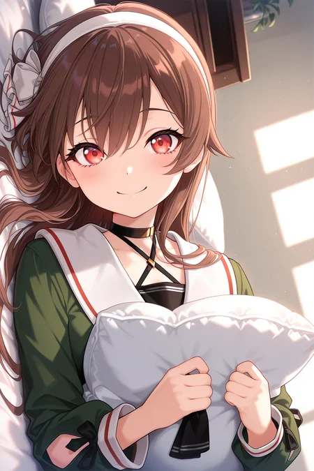 1girl, YaezawaNatoriDotLive,
general, solo, perspective, dutch angle, upper body,
long hair, brown hair,
beautiful eyes, eyelashes,
white hairband, hair bow on right side,
black choker, black neckerchief,
white sailor collar, green shirt, long sleeves,
lying, on back, smile, holding pillow,
bedroom,
<lora:kp_YaezawaNatoriDotLive2ndCostumeIllustrious_v1_0:1.0>,
masterpiece, best quality, amazing quality