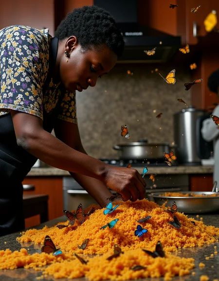 A photograph of an African woman, 32 years old, expertly preparing traditional Ghanaian jollof rice for her family gathering in Accra, as the kitchen is slowly being consumed by a swarm of iridescent butterflies that leave trails of glittering confetti behind them., <lora:amateurphoto-v5-14-15-1-1:0.4> <lora:Another_Amateur_Lora:0.4> <lora:Phlux:0.4> <lora:UltraRealistic_Lora_Project:0.4>