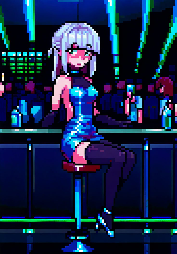 score_9, score_8_up, score_7_up, night club, lamps, night, crowd,nightclub,rave,spotlights,crowded, 1girl, green eyes, slit pupils, white hair, half updo, medium hair, hime cut, medium breasts, skinny, claws, sitting on bar stool, bar counter, front view, looking at viewer, showing panty, skirt up, white lace panty, wisky bottle, drunk, drunked, bubles, holographic, backless dress, short dress, holographic dress, long gloves, black stockings, stiletto shoes, good hands, <lora:Ehohinstyle:1>, ehohin 
 <lora:merged_pixel_base_model_svd:1> <lora:choutenchan_pixel_dotpict:1>