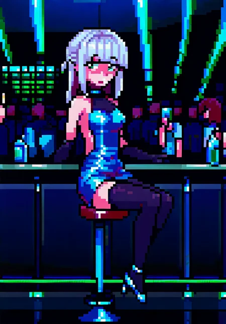 score_9, score_8_up, score_7_up, night club, lamps, night, crowd,nightclub,rave,spotlights,crowded, 1girl, green eyes, slit pupils, white hair, half updo, medium hair, hime cut, medium breasts, skinny, claws, sitting on bar stool, bar counter, front view, looking at viewer, showing panty, skirt up, white lace panty, wisky bottle, drunk, drunked, bubles, holographic, backless dress, short dress, holographic dress, long gloves, black stockings, stiletto shoes, good hands, <lora:Ehohinstyle:1>, ehohin
<lora:merged_pixel_base_model_svd:1> <lora:choutenchan_pixel_dotpict:1>