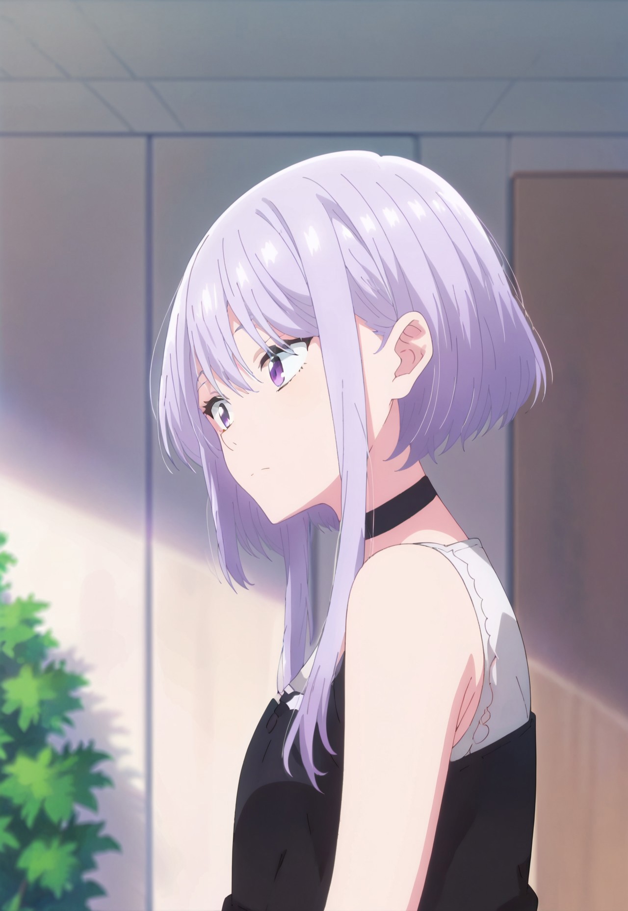  score_9, score_8_up, score_7_up, source_anime, amasawakyou, 1girl, solo, indoors, blurry background, stuffed animal, school uniform, sleeveless, black dress, black choker, off shoulder, from side, tree