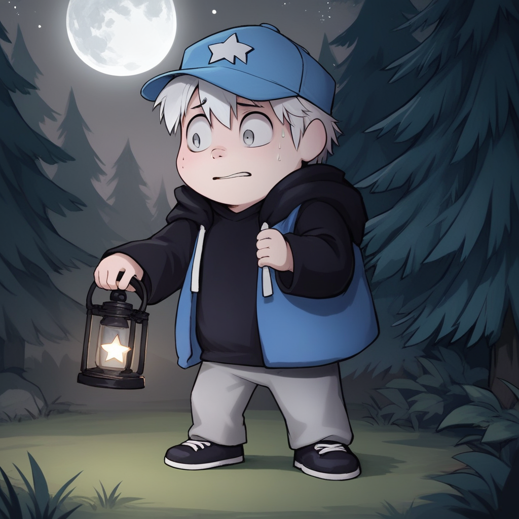score_9, score_8_up, score_7_up, score_6_up, outdoors, forest, horror \(theme\), source_anime, night, dark, nervous, sweat, full moon, <lora:rfgideon-v1-16:0.9> rfgideon, cub, young, cub, 1boy, gray eyes, solo, baseball cap, star \(symbol\), two-tone hoodie, black t-shirt, grey pants, black footwear, holding lantern,