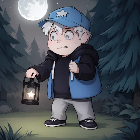 score_9, score_8_up, score_7_up, score_6_up, outdoors, forest, horror \(theme\), source_anime, night, dark, nervous, sweat, full moon, <lora:rfgideon-v1-16:0.9> rfgideon, cub, young, cub, 1boy, gray eyes, solo, baseball cap, star \(symbol\), two-tone hoodie, black t-shirt, grey pants, black footwear, holding lantern,