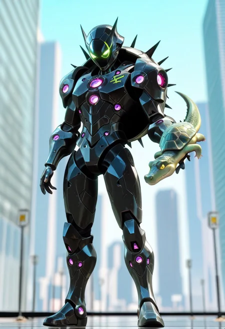 (masterpiece), (best quality), (newest), (amazing quality), (highres), (best anatomy), (high detail),
BREAK
masterpiece, best quality,, CGI, 3D,, (1man),, supervillain_aesthetic,, mech_suit, mech modeled after the (alligator snapping turtle), humanoid mechanical turtle suit,, bulky body, round,, green and black color scheme paint job,, turtle-shaped helmet, power_gauntlets, power_boots, power-core, turtle shell shaped jet-pack, red-glowing optic sensors,, dents, scratches,
BREAK
(Blurry_background); city, modern_day, intersection,