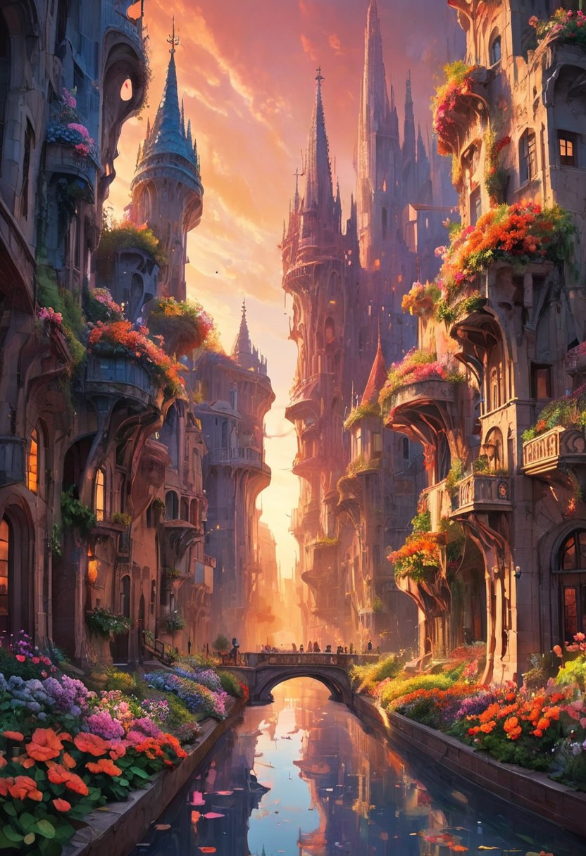 A surreal urban landscape where skyscrapers twist and bend like soft clay, inspired by the works of Gaudí. Streets flow like rivers, with reflections of a vibrant sunset shimmering on their surfaces. Whimsical characters stroll through the scene, merging elements of fantasy and reality, while oversized flowers bloom from the rooftops, creating a harmonious blend of nature and architecture.
style of greg rutkowski,janek sedlar,jenny saville:0]  detailxl,<lora:vivid_everclear:0.35>  <lora:Sinozick:0.35>  <lora:MJ52:0.35>