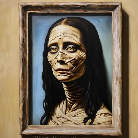 <lora:SDXL_mummy_Sa_May:1> mummy, a desiccated mummy, Mona lisa, portrait, oil painting
