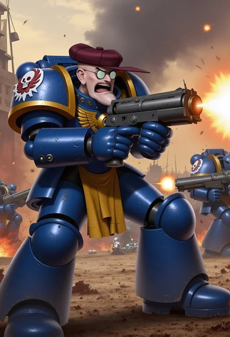 Create a photorealistic image of an Ultramarine space marine in full, detailed power armor, featuring the distinctive blue and gold color scheme and the Ultramarine chapter emblem on the shoulder pads. The marine is in the middle of a battle, firing a heavy bolter with both hands. His head is replaced by the character Eustace Bagge from Courage the Cowardly Dog, with his classic annoyed expression, glasses, and small brown hat. The marine is yelling fiercely as he shoots, and the scene is set in a chaotic battlefield with explosions and gunfire in the background