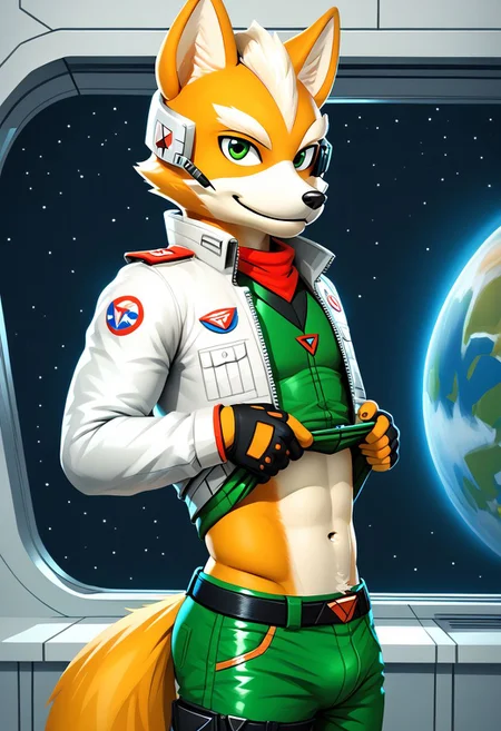 score_9, score_8_up, score_7_up, score_6_up, score_5_up, score_4_up, source_furry, Fox McCloud, Starfox, male, spaceship, solo, lifting up uniform, lifted by self, midriff, navel, happy look, looking at viewer, y2k3dnerdessence, side view