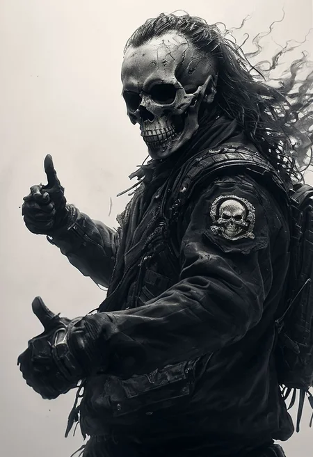 Thumb-up pose, photorealistic, assassinkahb style, amazing quality, masterpiece, best quality, hyper detailed, ultra detailed, UHD, perfect anatomy, portrait, dof, hyper-realism, majestic, awesome, inspiring, a black and white photo of an assassin wearing a motorcycle jacket with japanese writing on the back, solo, simple background, skull, white background, jacket, monochrome, upper body, greyscale, male focus, long hair in wind, weapon, clothes writing, skull, skeleton, japanese flag, cinematic, global illumination, dramatic, tearing the sky, thumb Up, atmospheric haze, cinematic composition, soft shadows,