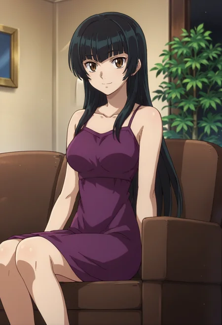 score_9,score_8_up,score_7_up,anime coloring BREAK source_anime,anime,<lora:Wang_Liu_Mei_Gundam_00_Pony:0.7>,liumei,1girl,solo,brown eyes,black hair,long hair,bare shoulders,purple dress,smile,sitting,couch,front view,looking_at_viewer,