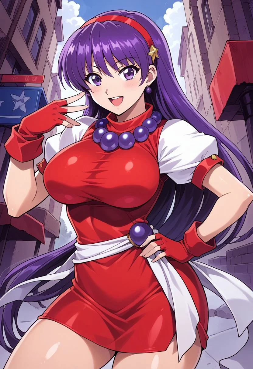 AthenaAsamiya96, 1girl, solo, long hair, looking at viewer, smile, open mouth, hair ornament, gloves, dress, jewelry, purple eyes, purple hair, short sleeves, hairband, fingerless gloves, necklace, star (symbol), hand on hip, short dress, red dress, Daytime street background, red gloves, red hairband,large breast